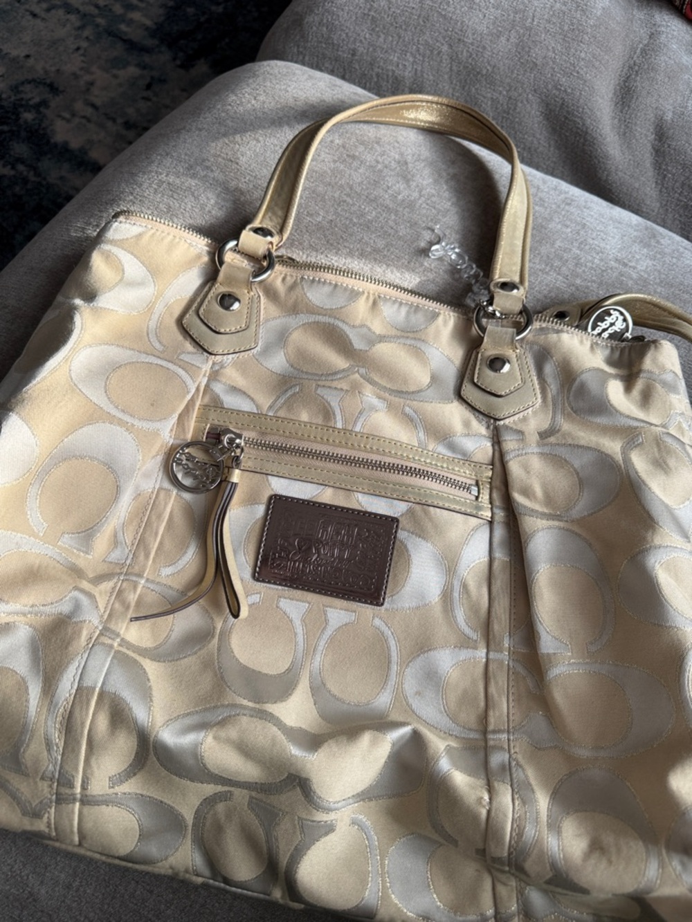 Coach Cream and Tan Signature Tote with Leather Patch